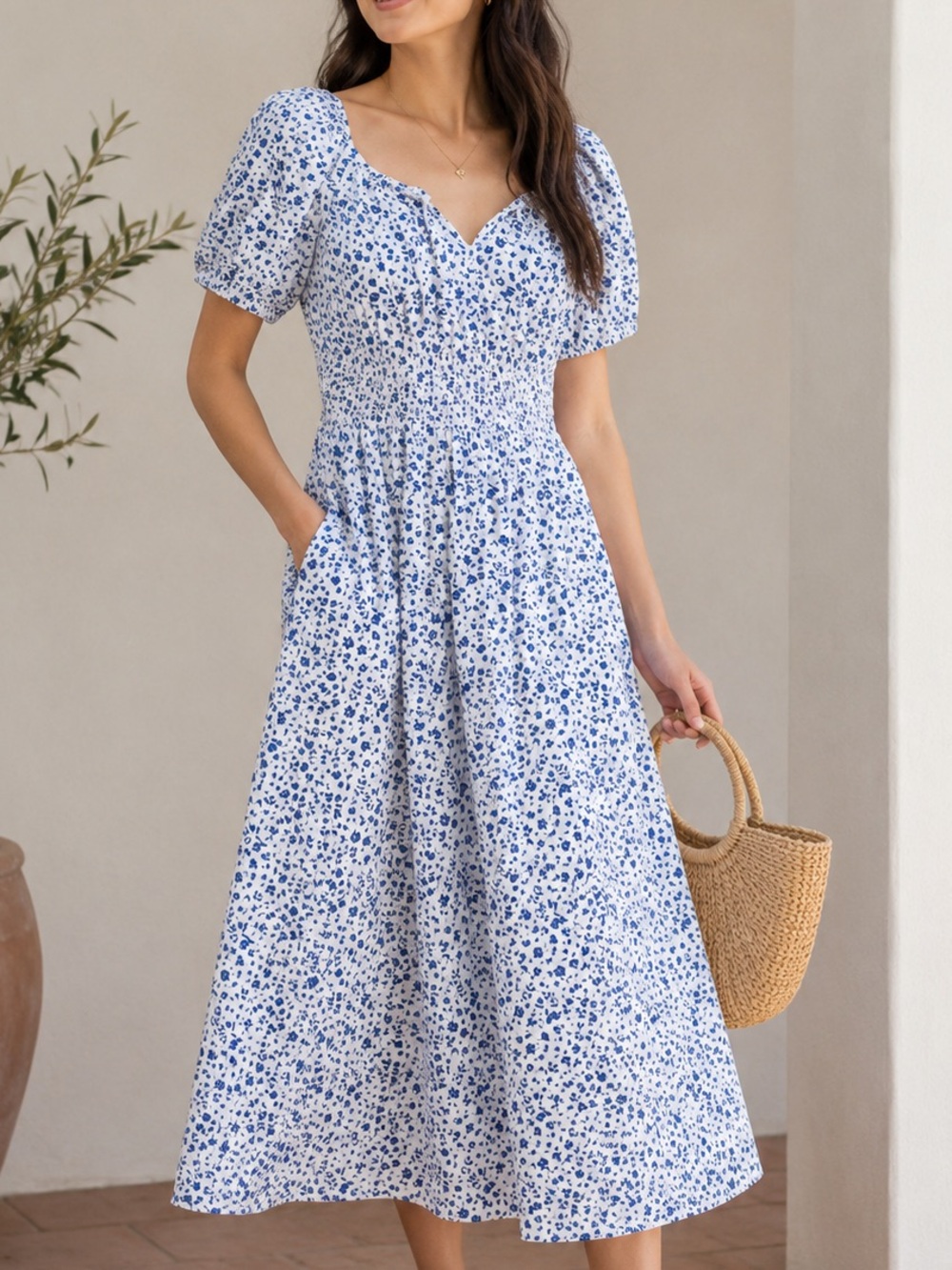 Uniqlo Blue Floral Volume Sleeve Smocked Midi Dress Small
